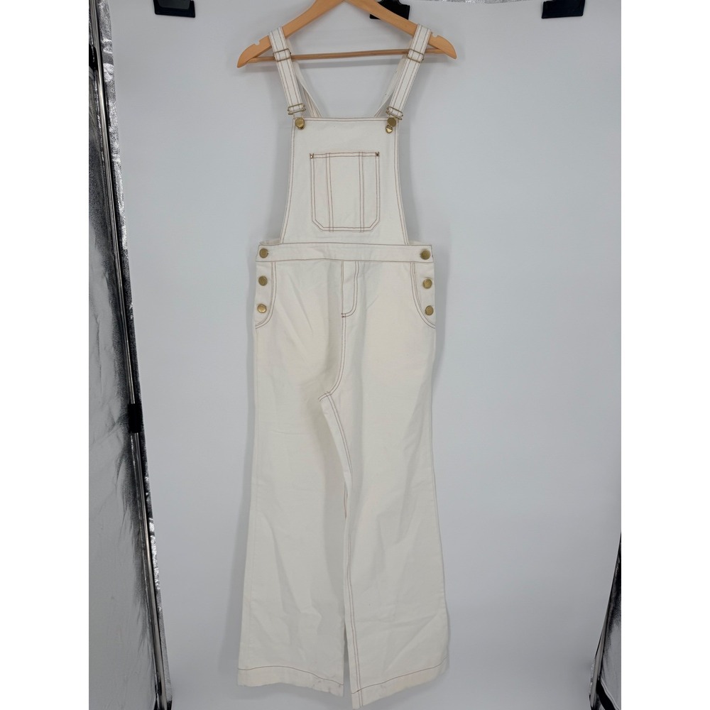 Ba&sh White Denim Wide Leg Overalls Contrast Stitch Brass Buttons Size M - Picture 2 of 11